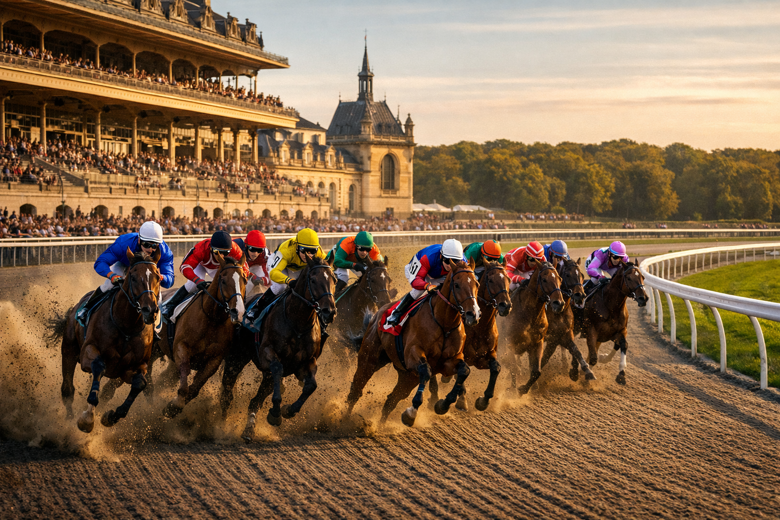 Quinté+ Chantilly — Prix de la Route des Princes : peloton en plein galop sur la PSF corde à droite, départ du Quinté+ du Lundi 26/10/2026