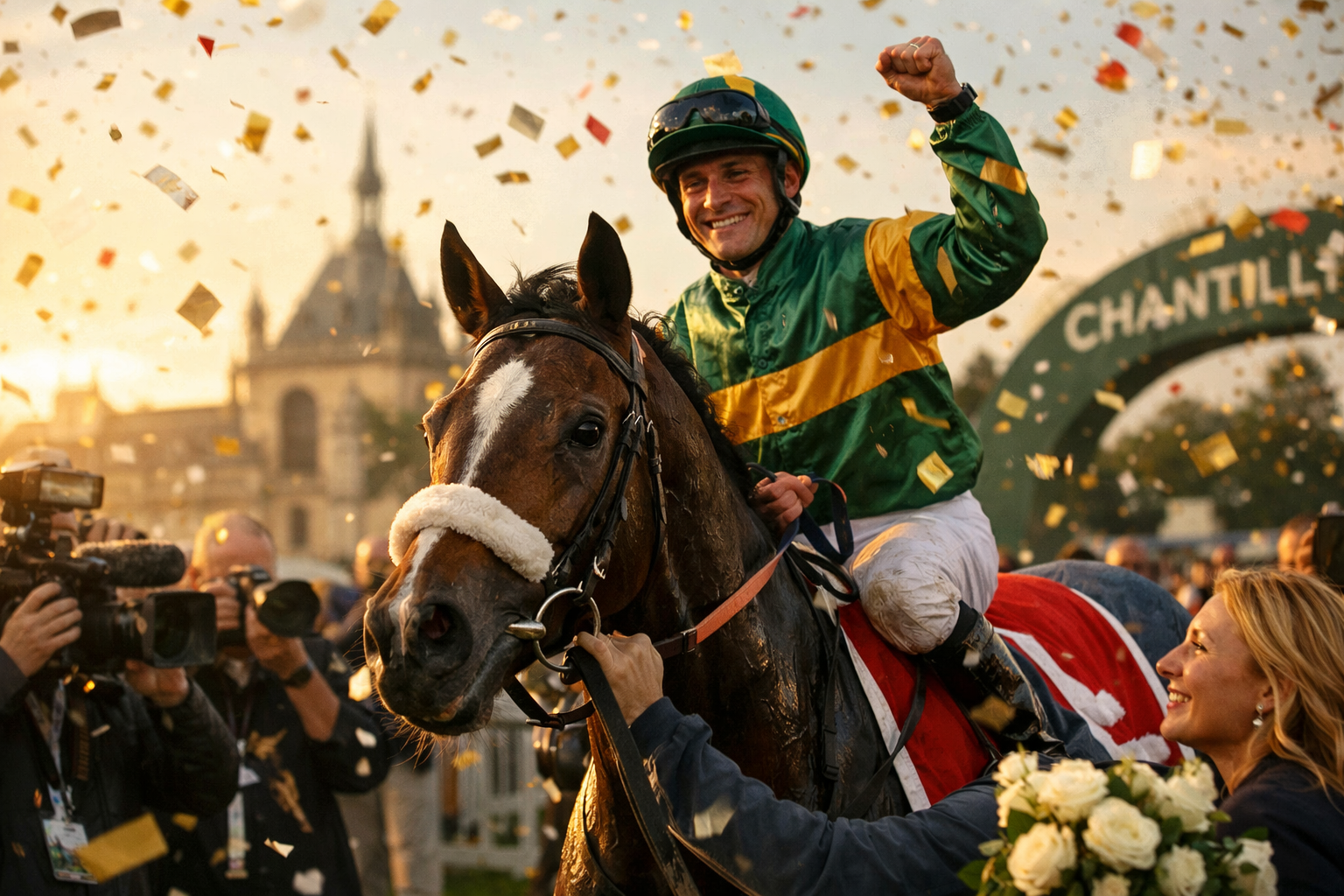 Pronostics Pmu Quinté du Lundi 26/10/2026 — victoire d'un cheval de Quinté+ à Chantilly, jockey soulevant le poing en signe de victoire